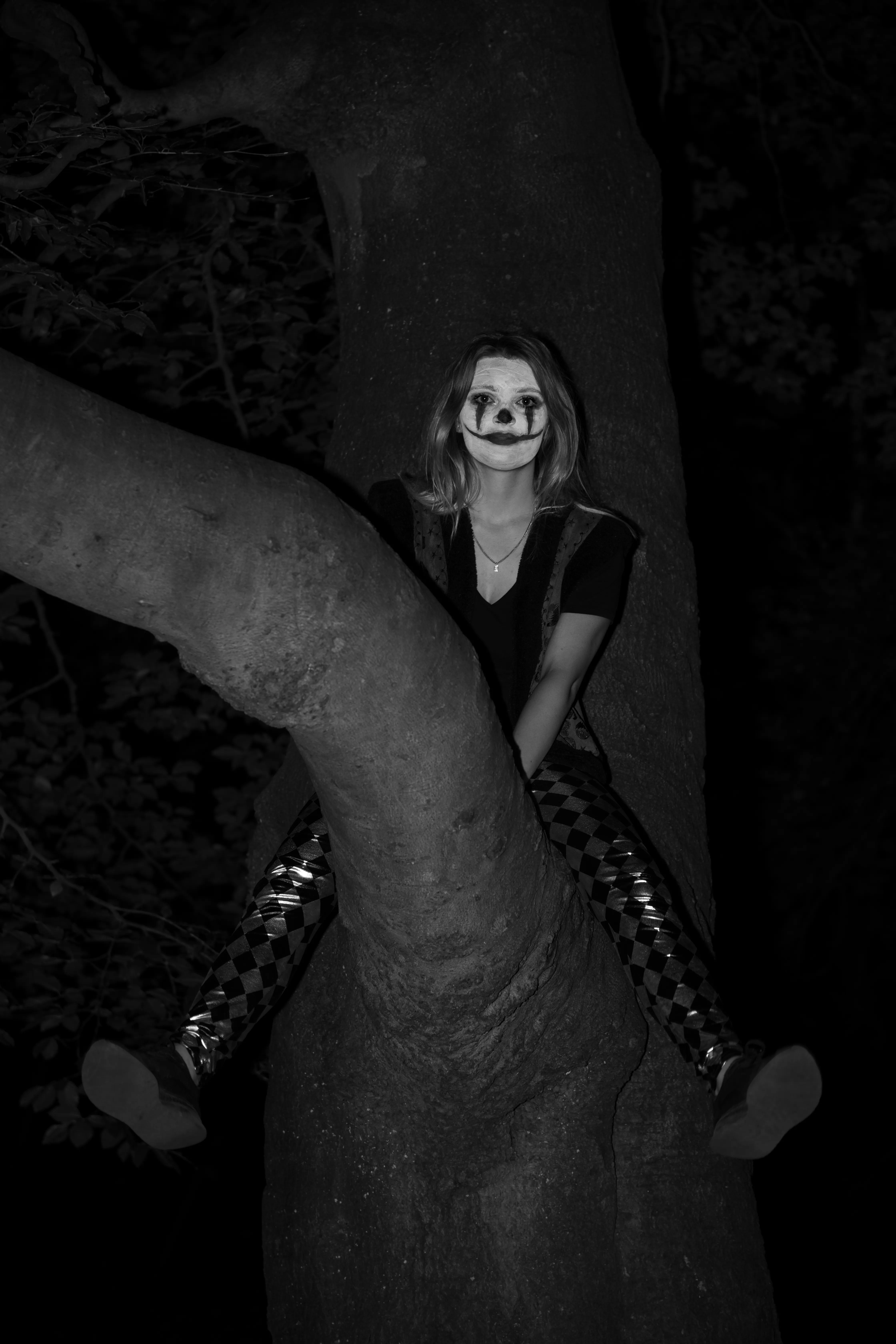 Een vrouw met schmink als een clown zit op een tak van een boom in het donker.